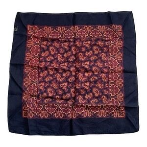 Men’s Silk Pocket Square Navy Blue Orange Paisley Print Handkerchief 16.5”